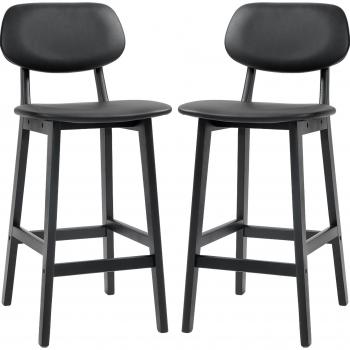 Homcom Set of 2 Bar Stools, Modern Breakfast Bar Chairs, Faux Leather Upholstered Kitchen Stools with Backs and Wood Legs, Black