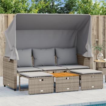 VidaXL Sitzgruppe 3-Sitzer mit Dach und Hockern Grau Poly Rattan