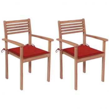 Sillas de jardín 2 uds madera de teca con cojines rojos