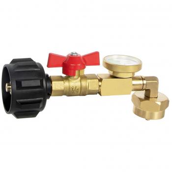 Adaptador de carga propano con válvula y metro, llene botellas de 1 lb desde un tanque de 20 lb, ángulo recto