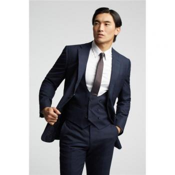 Men's Tailored Fit Navy Blue Textured Check Jacket