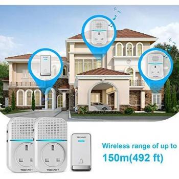 TECKNET Self-Powered Doorbell, Waterproof Twin Wireless Doorbell No Battery Required Push Button Plug Through Cordless Door Chime at 1300ft Range with 32 Chimes, 5-Level Volume & LED Light