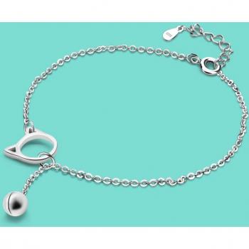 Summer Beach Charm 925 Sterling Silver Women's Anklet with Cat Bell