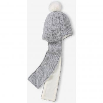 Gorro y bufanda gris jaspeado para bebé con trenzas y corazones