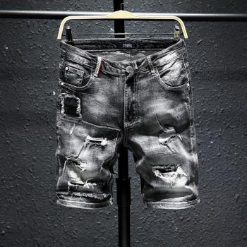 Shorts denim grisé pour homme, finition noire, tissus extensibles coton, coupe courte, longueur genou, 36