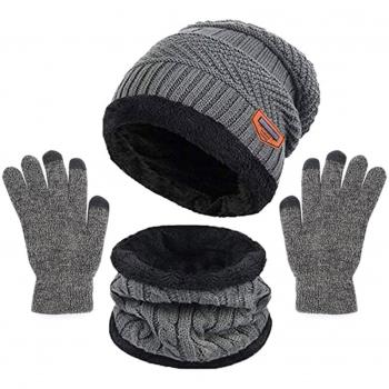 Chapeau d'Hiver Gris avec Écharpe et Gants Unisexe
