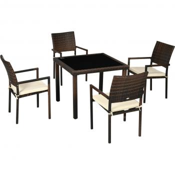 Set da Esterno 5 Pezzi Rattan PE, Marrone, Tavolo con Vetro e 4 Sedie con Cuscini