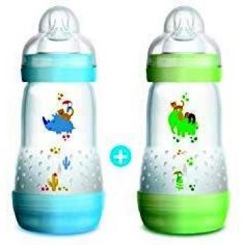 MAM Biberon Easy Start Anti-Colique avec base aérée, lot de 2 x 260 ml – 2+ mois – Tétine débit 2, vitesse moyenne – Bleu, vert