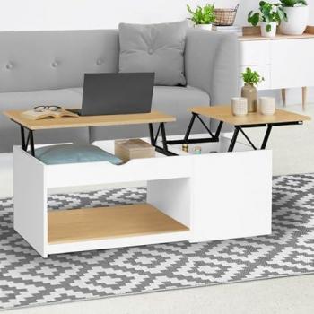 Mesa auxiliar Eyla con compartimentos abatibles y estuche en tono haya/blanco