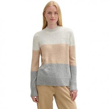 TOM TAILOR DENIM Damen Regular Fit Strickpullover mit Colour Blocking, grau, Größe M