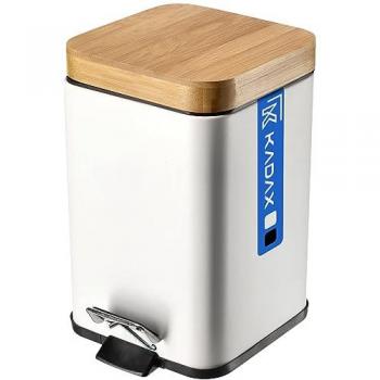 Petite poubelle de bain en acier – couvercle bambou, pédale, seau intérieur