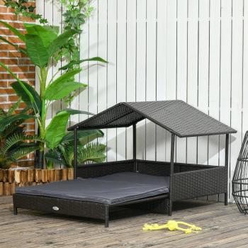 Extendable Rattan Dog House w/ Water-Resistant Roof, Cushion-Cream