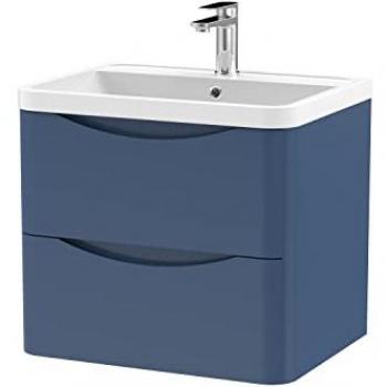 Lunar Wall Mounted 2 Drawer Vanity Unit with Polymarble Basin, Satin Blue