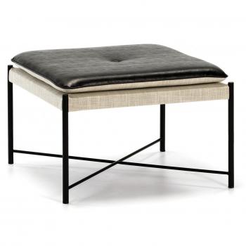 Pouf Aaron en Tissu Beige et Cuir Synthétique Noir