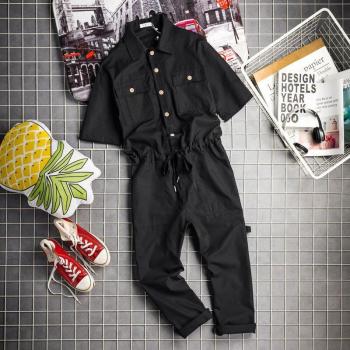 Men's Loose Leisure Jumpsuit Cotton Overalls Summer Short Sleeve Ankle Length Black Yellow
