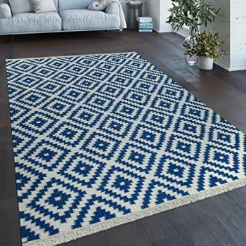 Paco Home Teppich Flachgewebe Rauten Blau Weiß