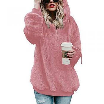 IWoo Women Hoodies 1/4 Zip Pullover Outwear with Pockets Winter Warm Hooded Sweatshirt Fluffy Teddy Coats for Women (Pink, XXL)