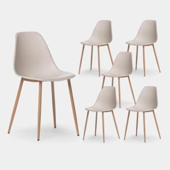 Set de 6 chaises polypropylène beige Nina, pieds bois naturel