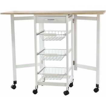 Carrello “Organizza” 37x37x77,5 cm – 3 Cestini, 1 Cassetto, Ribalte in legno bianco