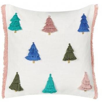Coussin « Sapins colorés » – 45×45 cm, coton blanc rembourré Skimmia