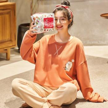 Round Neck Gray Cotton Couple Sleepwear for Autumn Winter