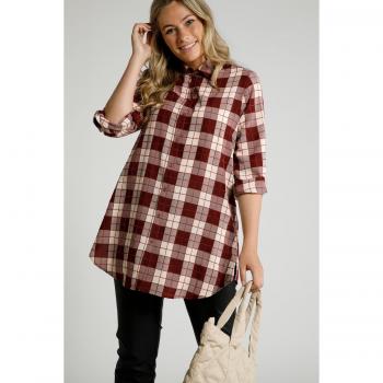 Blusa rossa a quadri con maniche lunghe e risvolto, taglia 52/54, materiale viscosa/poliestere