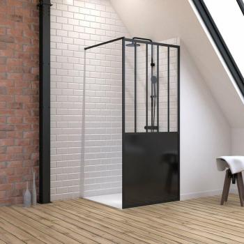 Set Paroi de douche Aurlane 90x200 cm, receveur haute pose 90x90 cm – Noir mat / Blanc effet pierre