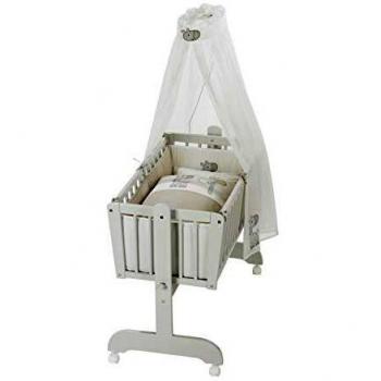 Alvi „Sina“‑Pendelwiege, Buche silbergrau, 40 × 90 cm + Giraffe Wiegenset beige