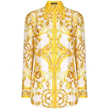 Dolce & Gabbana Women's Maiolica Print Silk Shirt, Yellow, Size 40, F5J51THI1TKHG3TN
