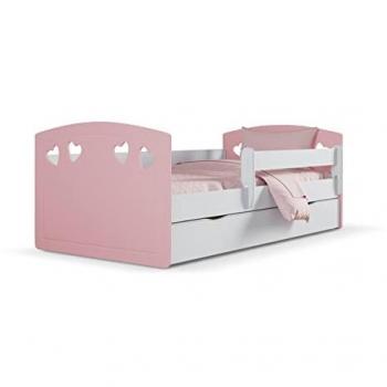 Lit J en MDF laqué 160 x 80 cm avec tiroir et matelas inclus, couleur rose poudré