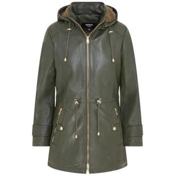 Infinity Women’s Leather Parka (Trekker) – Green, Detachable Borg Hood, Size 22