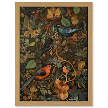 Birds and Butterflies on Autumnal Tree Folk Art Framed Wall Print, A4 Size