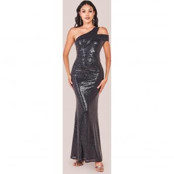 Goddiva Black One Shoulder Sequin Evening Maxi Dress