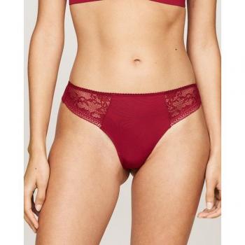 Tommy Hilfiger Damen Stringtanga mit Spitzenbesatz und Logo, Größe L, Dunkelrot