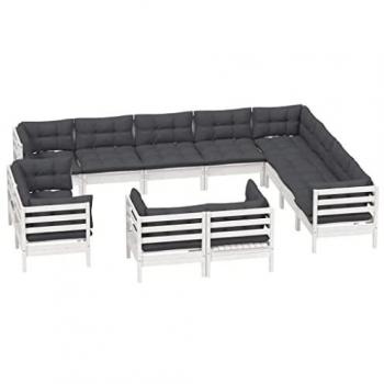 Muebles de Jardín 12 Piezas con Almohadas Blancas de Madera de Pino