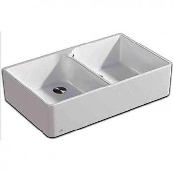 Évier double cuve Villeroy et Boch, garniture de vidange excentrique, Stone White