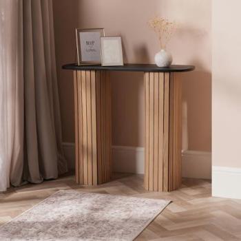 Light Wood Madison Console Table, Ribbed Design, Black Trim
