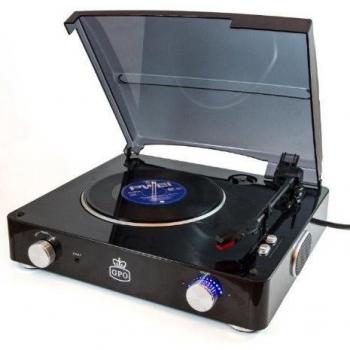 GPO Stylo Piano‑Style Turntable – Black, 3‑Speed, Built‑In Audio