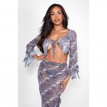 Kaiia Tie Front Sheer Mesh Top Co-ord in Snake Print UK 8
