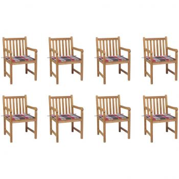Set de 8 chaises de jardin et coussins à motifs carrés rouge teck