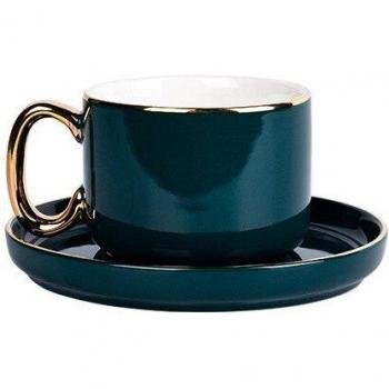 European Green Ceramic Teacup and Saucer with Gold Trim 200ml
