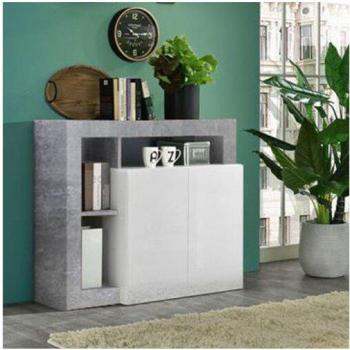Credenza Zen 2 Ante – Stile Bianco Lucido con Dettagli in Cemento