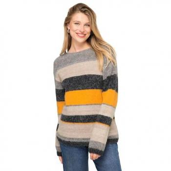 Große Größen Damenpullover, grau, Rundhals, Langarm, Ringelstrick, LAURASON
