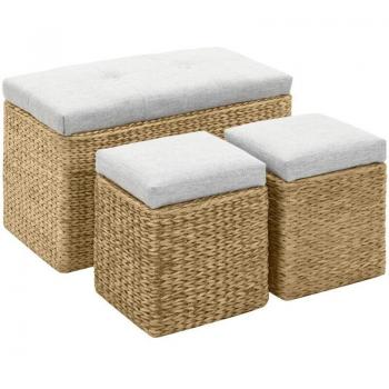 Canapé de terrasse « Jacinthe‑Eau » en gris avec deux poufs