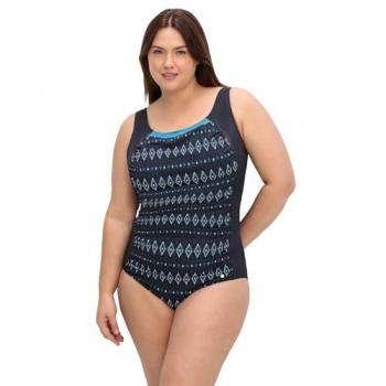 SHEEGO Badeanzug für große Größen, Ethnoprint, tiefblau, Cup C, Gr. 54