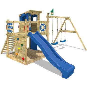 Portique Boîte à Jeux WICKEY – Smart Camp, Cabane enfant bleue, Balançoire, Toboggan, Bac à Sable & Accessoires