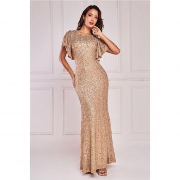 Goddiva Sequin Flutter Sleeve Maxi Dress