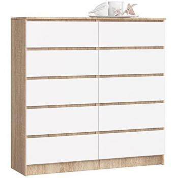 Commode AKORD K120 10 tiroirs 120 cm Chêne Sonoma et façade Blanche