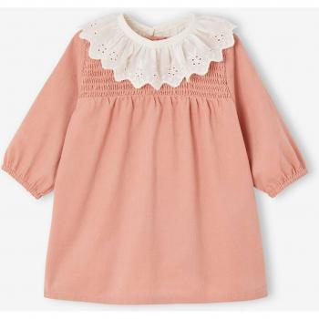Bébé robe VERTBAUDET velours rose à smocks avec col brodé amovible