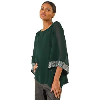 Roman Women’s Teal Sequin Cuff Top, Size 12 – Asymmetric Design